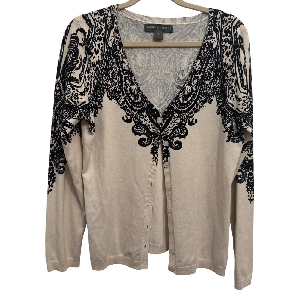 Josephine Chaus Cardigan Silk Blend Cream Black Paisley Damask Print Size L